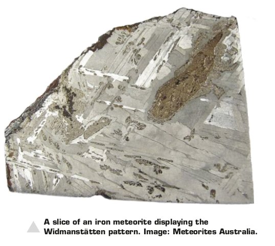 A slice of an iron meteorites displaying the Widmanstatten pattern. Image: Meteorites Australia